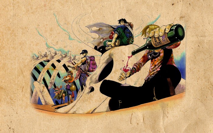 One Piece characters on a skull illustration