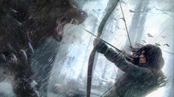 Lara Croft from Rise of the Tomb Raider fighting a bear