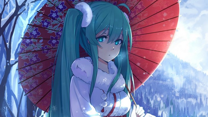 Hatsune Miku with Japanese umbrella in snow