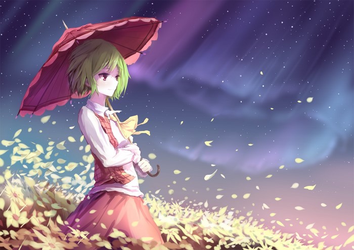 Kazami Yuuka from Touhou holding an umbrella in a field of petals