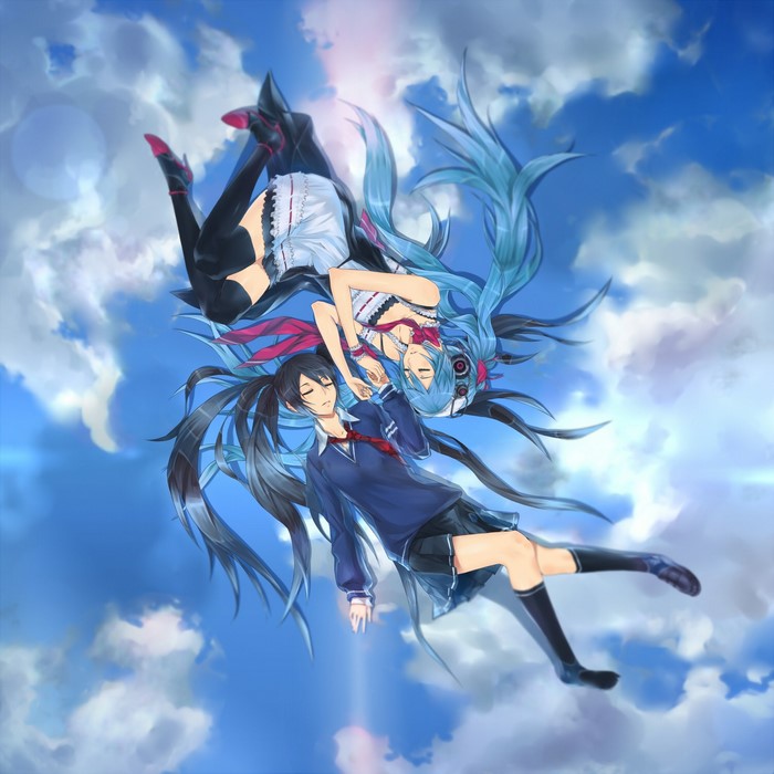 Hatsune Miku and another girl floating in the sky