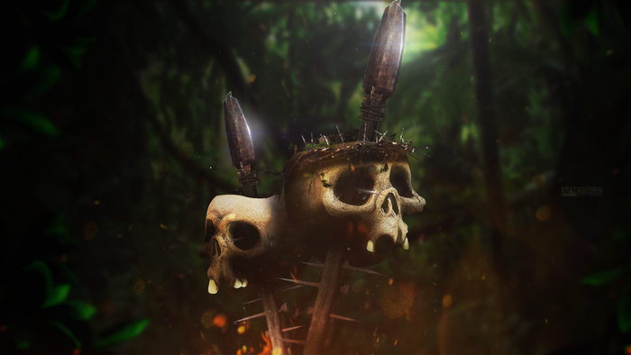 Skulls with spears and crown of thorns in forest