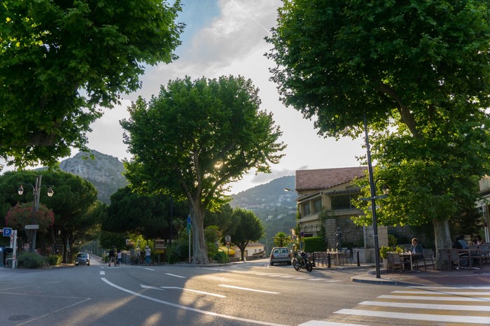 Street scene in Eze, France with trees and buildings