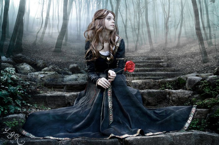 Woman in dark dress holding a red rose in a foggy forest