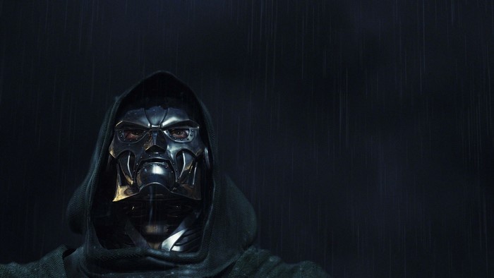 Doctor Doom in a dark, rainy environment