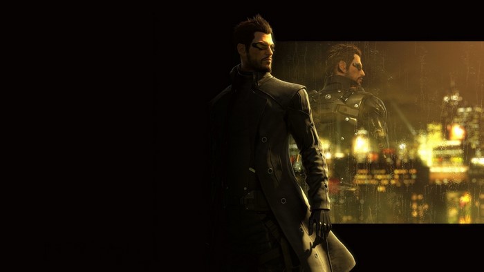 Adam Jensen from Deus Ex in front of a city at night