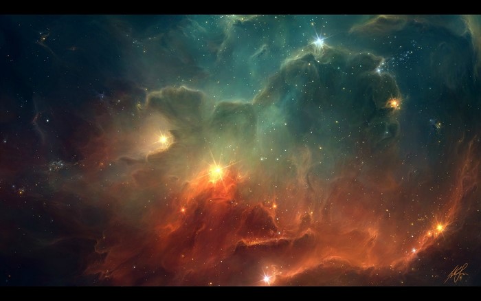 Digital art of a colorful nebula with stars