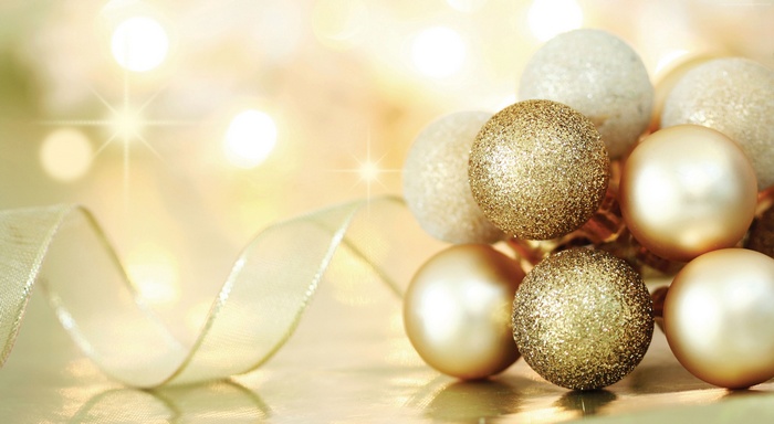 Christmas balls and ribbon with bokeh lights