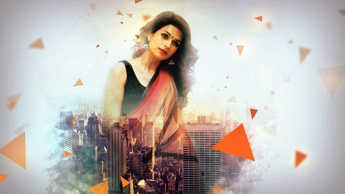 Woman in Saree superimposed on cityscape