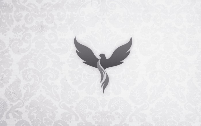 A dark grey phoenix logo on a white damask background