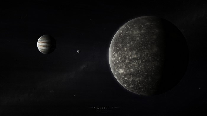 Jupiter and its moon Callisto in space
