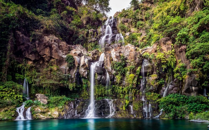 Waterfall cascading down a rocky cliff in a lush rainforest