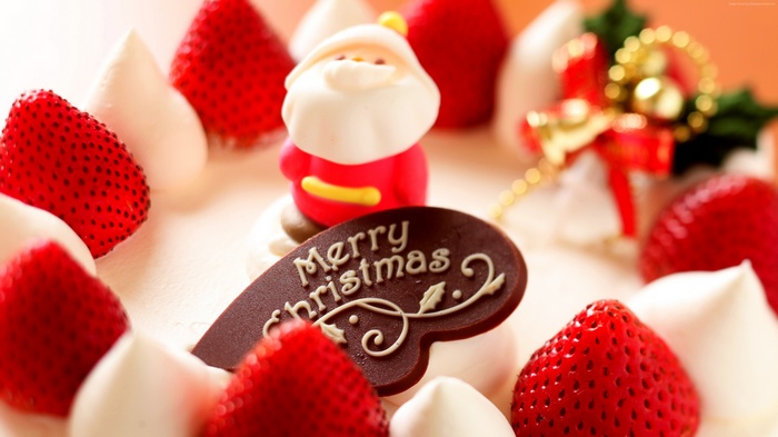 Christmas cake with Santa, strawberries, and Merry Christmas decoration