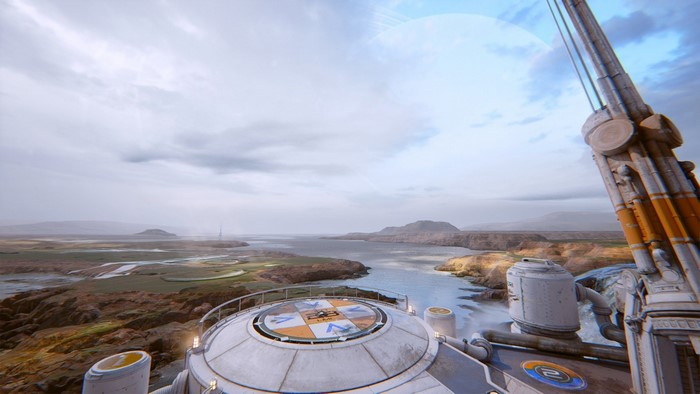 Unreal Tournament landing pad overlooking a bay