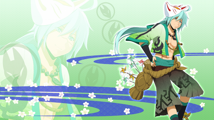 Anime character with fox mask and blue hair
