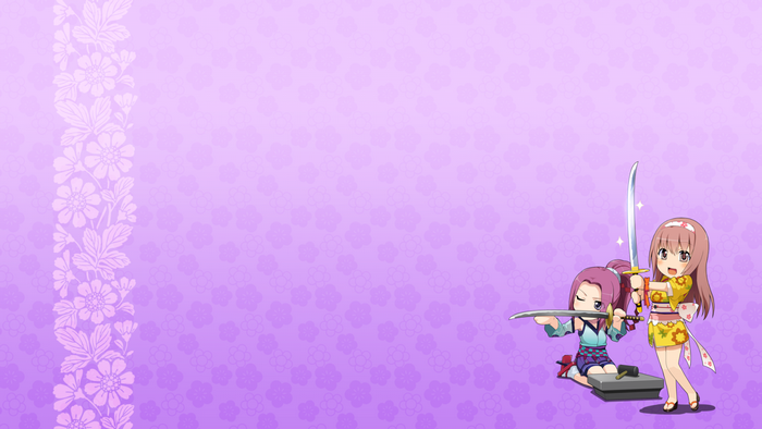 Two anime girls with swords on a purple background