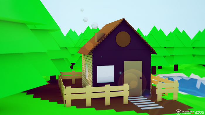 Low poly house in a forest with a river