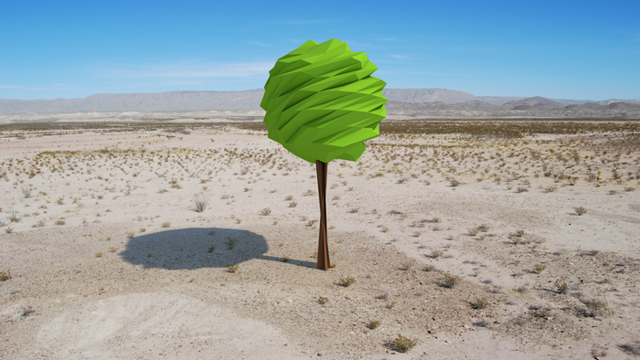 Low poly tree in a desert landscape