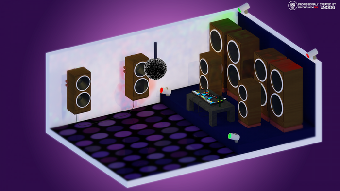 Isometric DJ booth with speakers and lighting