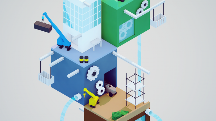 Isometric factory with cranes and gears
