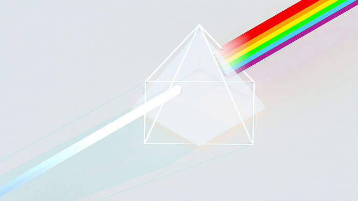 Prism refracting white light into a rainbow spectrum