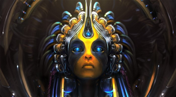 Digital art of a futuristic cyborg face with blue eyes