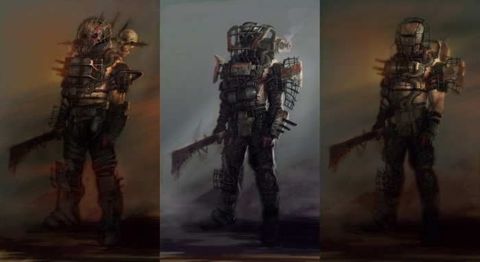 Concept art of three wasteland warriors with melee weapons
