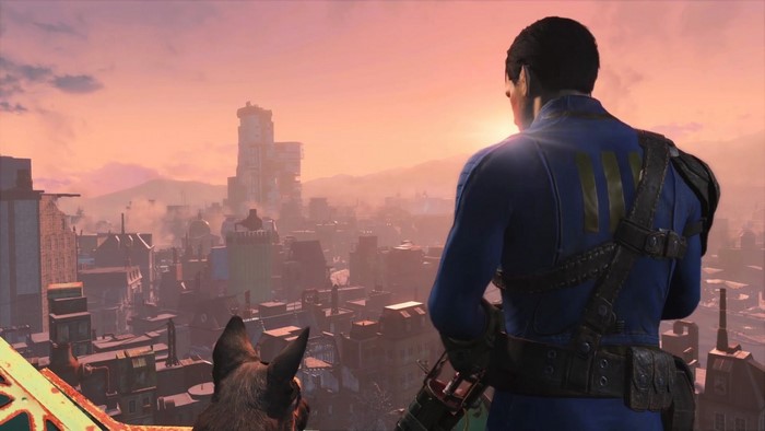 Man and Dogmeat overlooking a city in Fallout 4