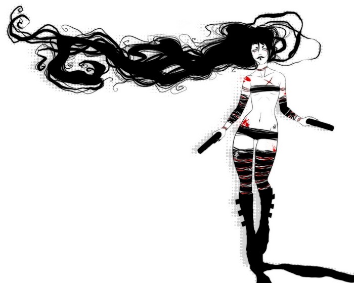 Illustration of a woman with long hair and pistols
