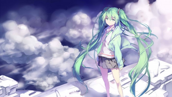 Hatsune Miku standing on a platform with clouds in the background