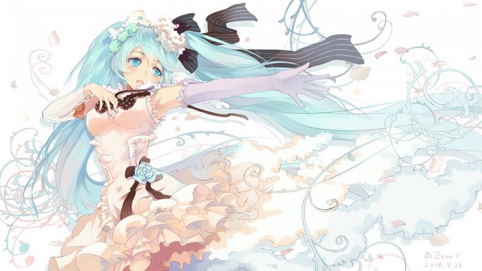 Hatsune Miku in a white dress with flowers