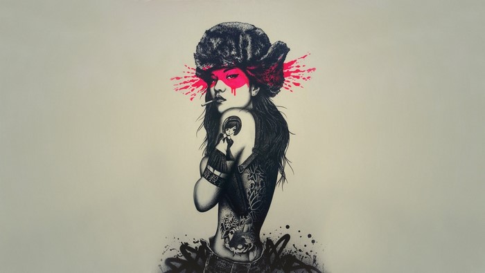 Drawing of a woman with a fur hat and tattoos