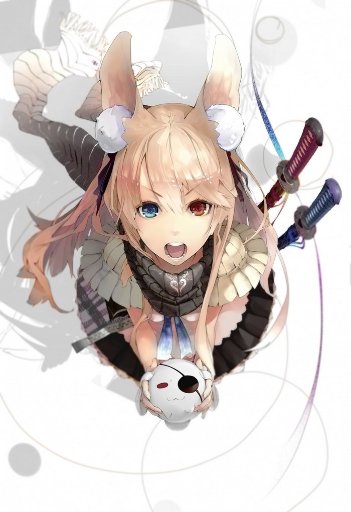 Anime girl with animal ears and swords holding a mask