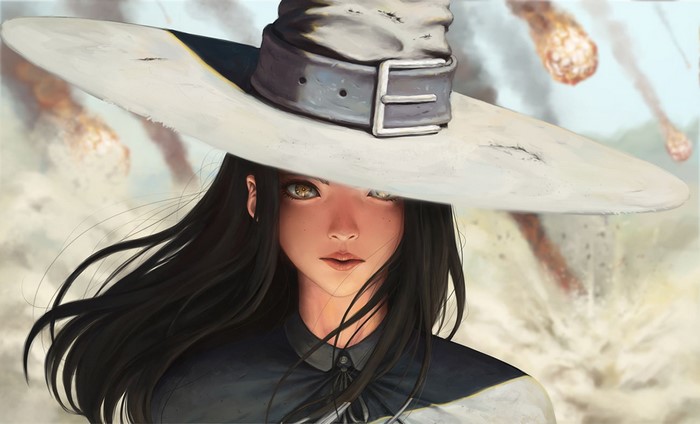 Girl with black hair and yellow eyes wearing a witch hat