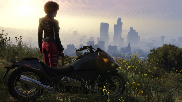 Woman with motorcycle overlooking city in GTA 5