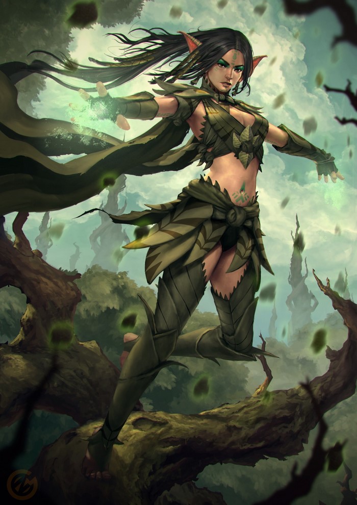 Elf woman warrior casting magic in a forest