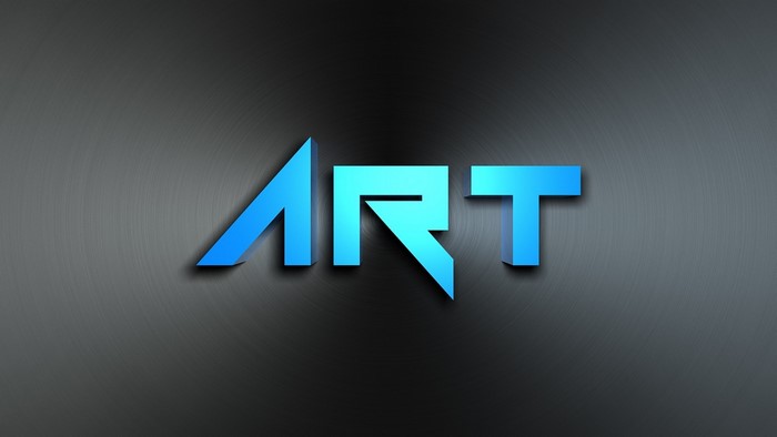 Blue 3D text ART logo on brushed metal background