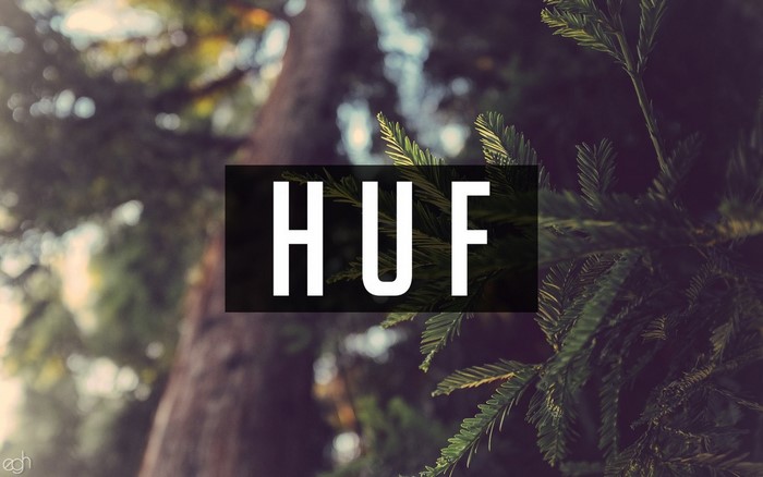 HUF logo over a forest background