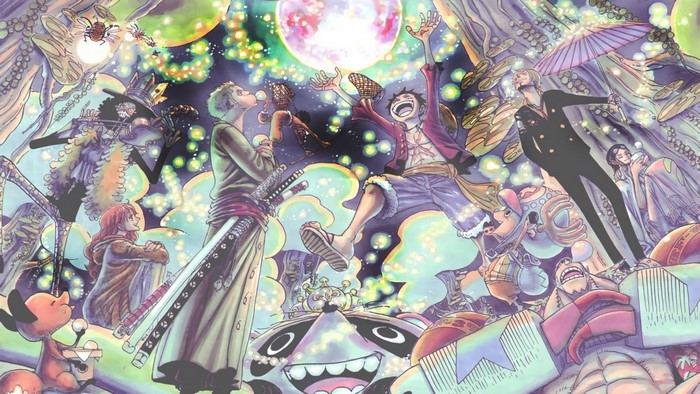 One Piece characters celebrating under a large moon