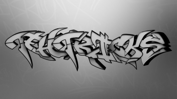 Graffiti art spelling 'Tehtricks' in black and white