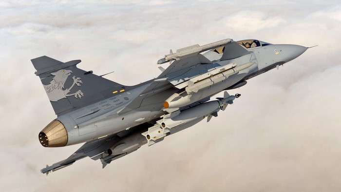 Swedish JAS 39 Gripen fighter jet in flight