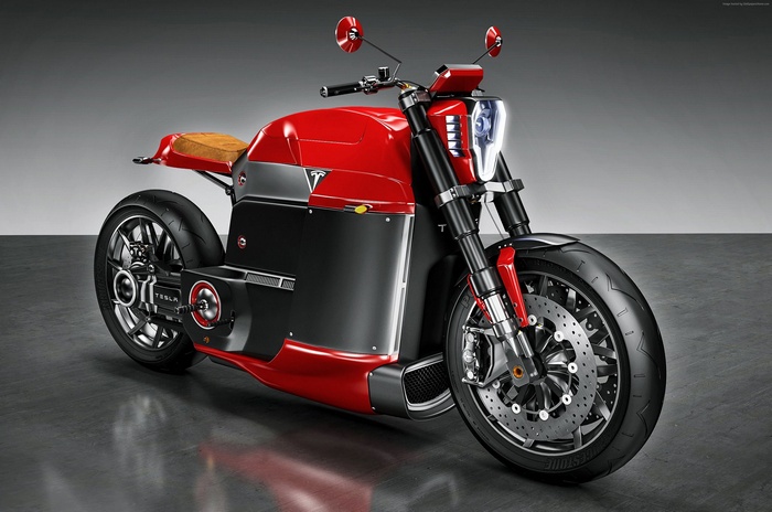 Red Tesla Model M electric motorcycle