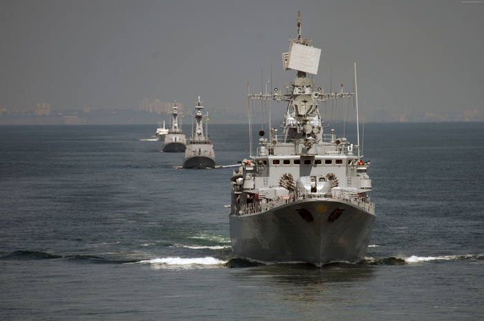 Ukrainian Navy frigates sailing in formation