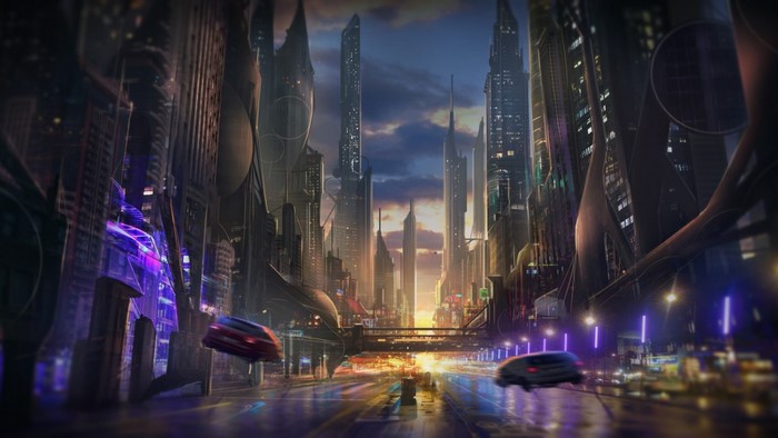 Futuristic cityscape with flying cars at sunset