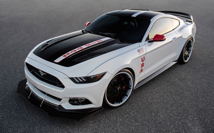 White Ford Mustang GT Apollo Edition with USA livery
