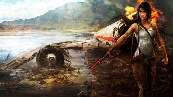 Lara Croft from Tomb Raider with airplane wreck