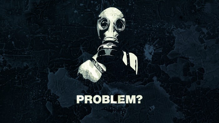 Illustration of a person wearing a gas mask with the text PROBLEM?