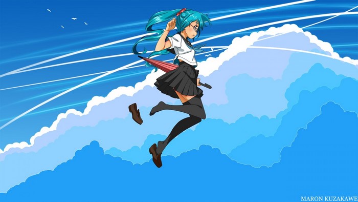Hatsune Miku jumping with an umbrella in the sky