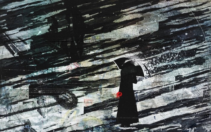 A person with an umbrella and a red flower in the rain