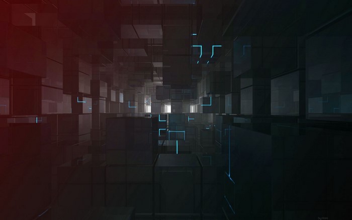 Abstract dark cubes with blue lights